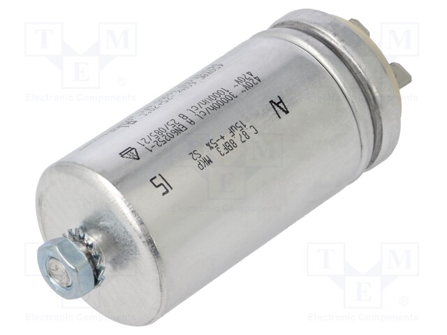 Film Capacitor, 15 µF, C87 Motor Run Series, 500 VAC, Quick Connect, Snap-In, ± 5%, 20 V/µs