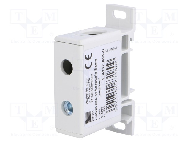 Splice terminal: rail; 50mm2; ways: 1; terminals: 2; grey; TS35; 600V