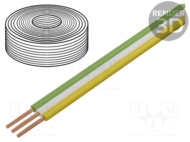 Wire: ribbon; stranded; 3x0,14mm2; white,green,yellow; 50m