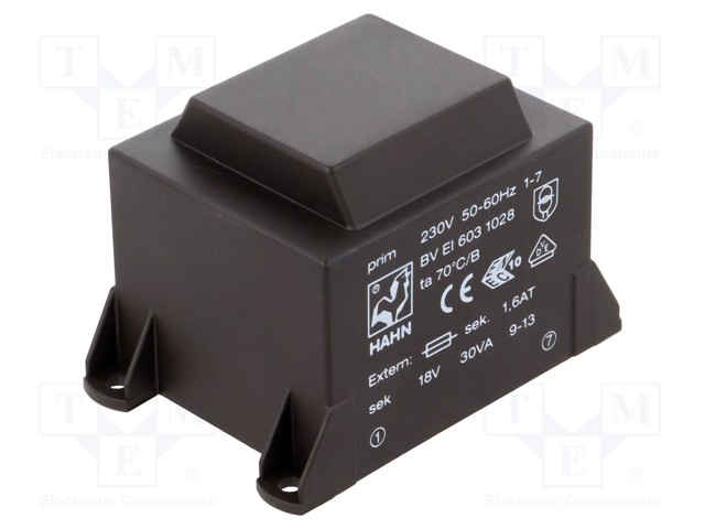 Transformer: encapsulated; 30VA; 230VAC; 18V; 1667mA; Mounting: PCB