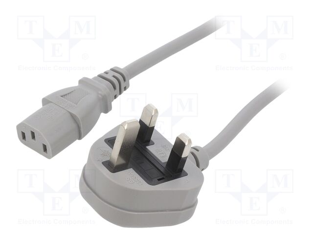 Cable; 3x0.75mm2; BS 1363 (G) plug,IEC C13 female; PVC; 2m; grey