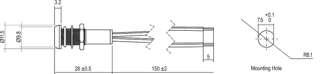 Indicator: LED; flat; 24÷28VDC; Cutout: Ø8.1mm; IP67; 150mm leads