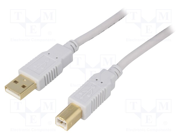 Cable; USB 2.0; USB A plug,USB B plug; gold-plated; 1m; grey
