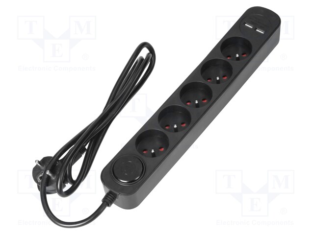 Plug socket strip: protective; Sockets: 5; 230VAC; 10A; black; IP20