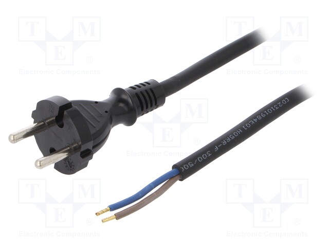 Cable; CEE 7/17 (C) plug,wires; 3m; black; rubber; 2x1,5mm2; 16A