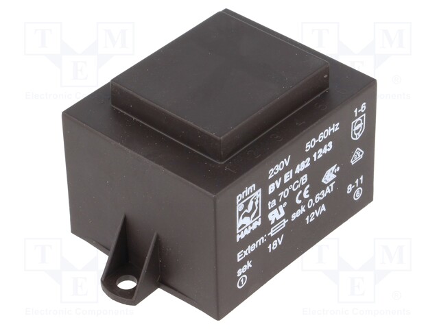 Transformer: encapsulated; 12VA; 230VAC; 18V; 667mA; Mounting: PCB