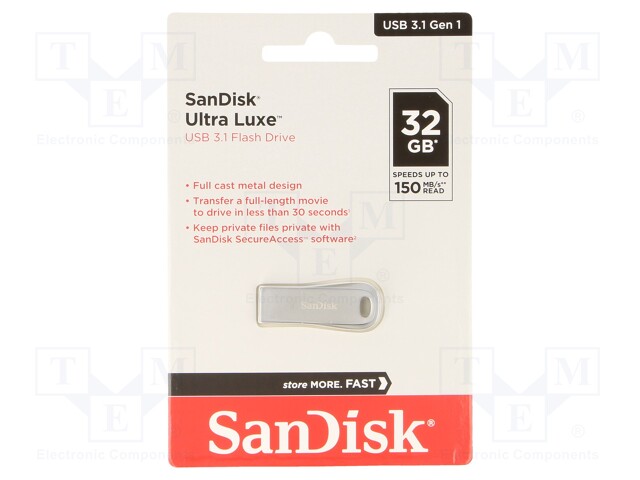 Pendrive; USB 3.1; 32GB; 150MB/s; USB A; ULTRA LUXE; Colour: silver