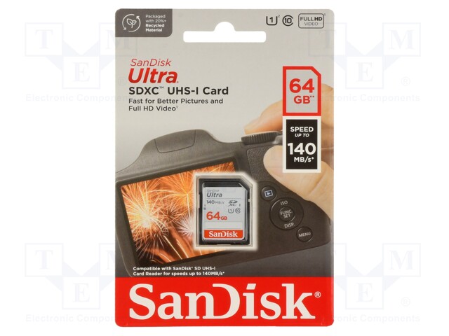 Memory card; Ultra; SDXC; R: 140MB/s; Class 10 UHS U1; 64GB