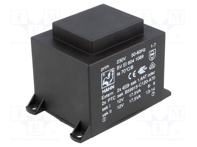 Transformer: encapsulated; 35VA; 230VAC; 12V; 12V; 1458mA; 1458mA