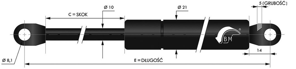 Gas spring; E: 585mm; Features: with welded steel eyes; Øout: 21mm