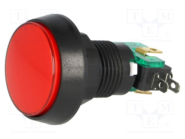 Switch: push-button; Pos: 2; SPDT; 10A/250VAC; red; red; Body: black