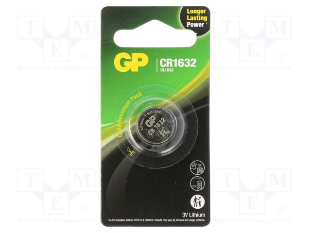Battery: lithium; 3V; CR1632,coin; 140mAh; non-rechargeable