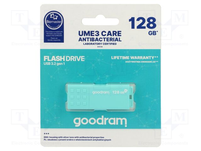 Pendrive; USB 3.0; 128GB; Read: 60MB/s; Write: 20MB/s; Colour: mint