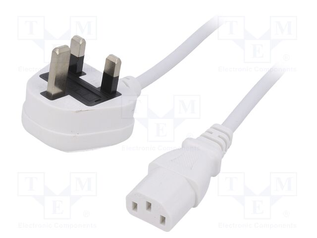 Cable; BS 1363 (G) plug,IEC C13 female; 1.5m; white; PVC; 3A; 250V