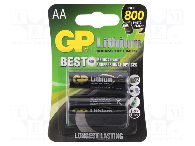 Battery: lithium; 1.5V; AA; Batt.no: 2; non-rechargeable