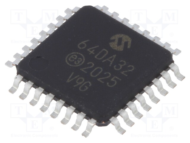 AVR microcontroller; EEPROM: 512B; SRAM: 8kB; Flash: 64kB; TQFP32