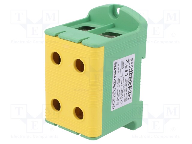 Splice terminal: rail; 150mm2; ways: 1; terminals: 4; yellow-green