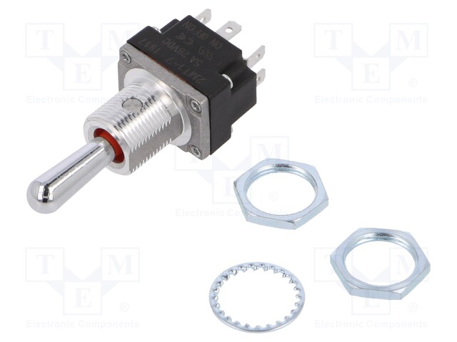 Switch: toggle; Pos: 3; DPDT; (ON)-OFF-(ON); 5A/28VAC; Leads: screw