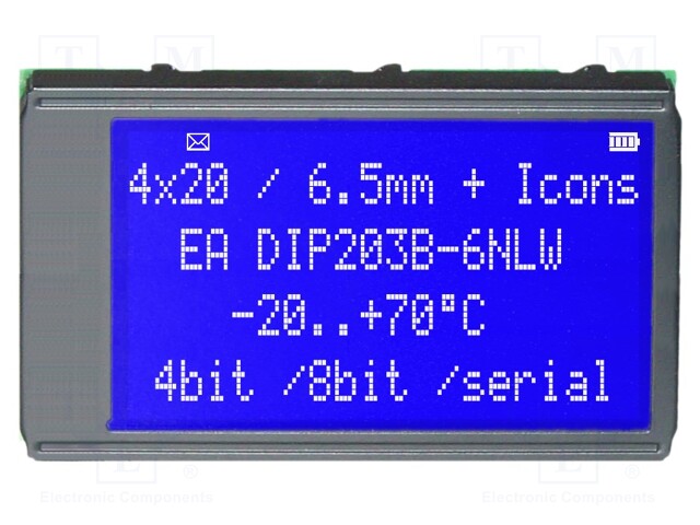 Display: LCD; alphanumeric; STN Positive; 20x4; blue; 75x45.8mm