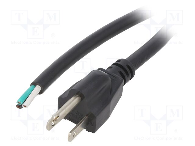 Cable; 3x16AWG; NEMA 5-15 (B) plug,wires; PVC; 2m; black; 13A; 125V