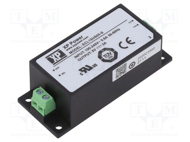 AC/DC Enclosed Power Supply (PSU), ITE, 1 Outputs, 15 W, 5 V, 3 A