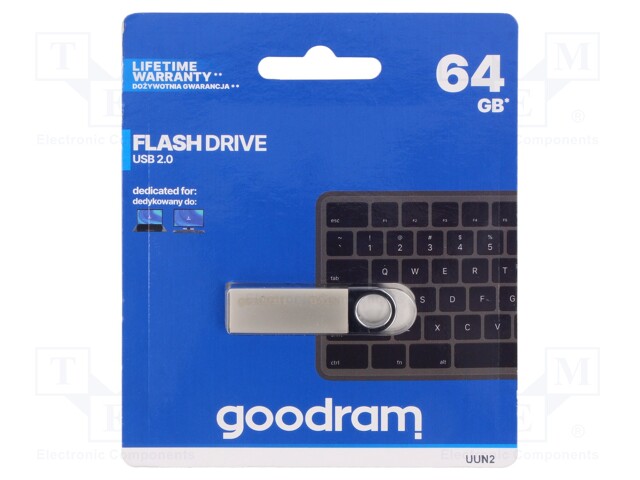 Pendrive; USB 2.0; 64GB; R: 20MB/s; W: 5MB/s; USB A; silver