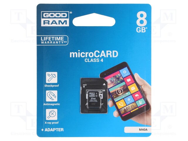 Memory card; SD HC Micro; 8GB; Read: 15MB/s; Write: 4MB/s; Class 4