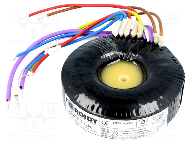 Transformer: toroidal audio; 40VA; 115/115VAC; 235V; 3.15÷3.15V