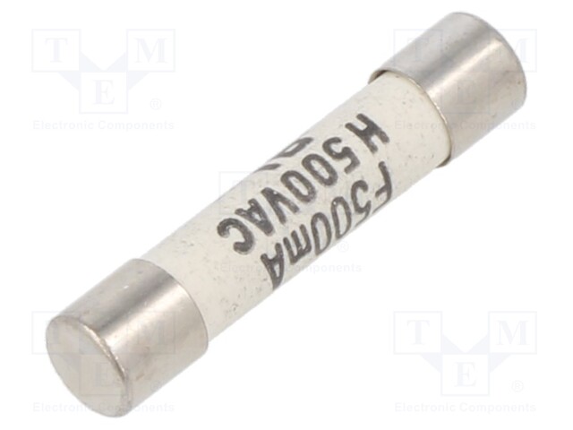 Fuse: fuse; quick blow; 0.5A; 500VAC; ceramic,cylindrical; SHF