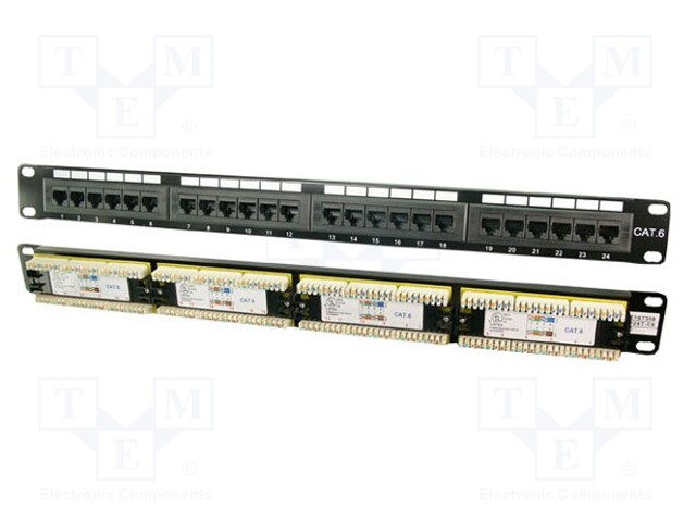 Patch panel; black; RJ45; Number of ports: 24; Cat: 6