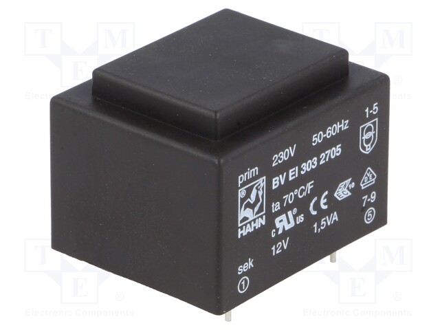 Transformer: encapsulated; 1.5VA; 230VAC; 12V; 125mA; Mounting: PCB