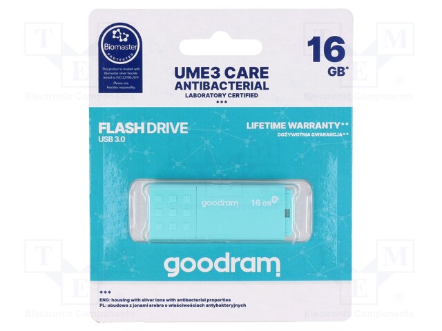 Pendrive; USB 3.0; 16GB; Read: 60MB/s; Write: 20MB/s; Colour: mint