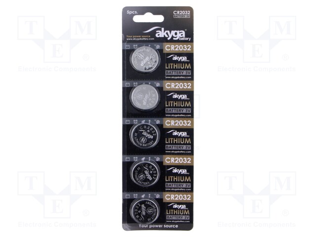Battery: lithium; 3V; CR2032,coin; 210mAh; non-rechargeable; 5pcs.