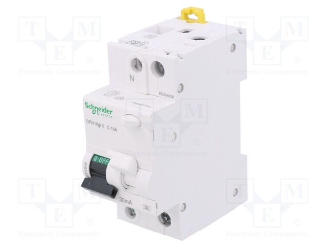 RCBO breaker; Inom: 16A; Ires: 30mA; Max surge current: 250A; DIN