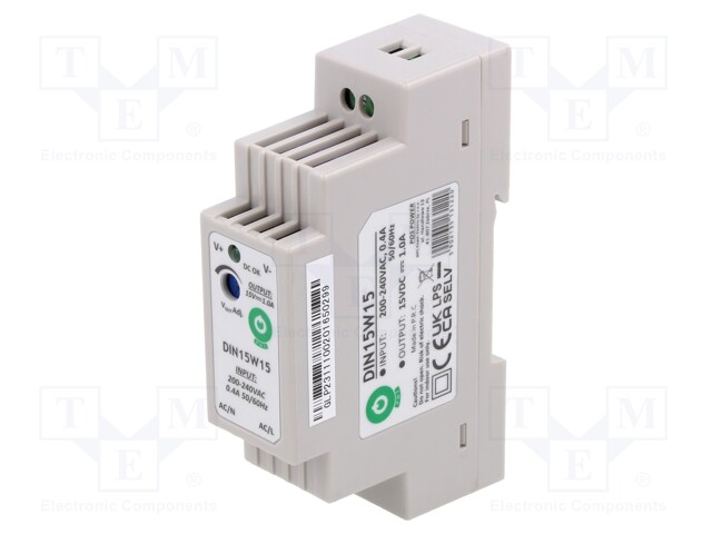 Power supply: switched-mode; 15W; 15VDC; for DIN rail mounting