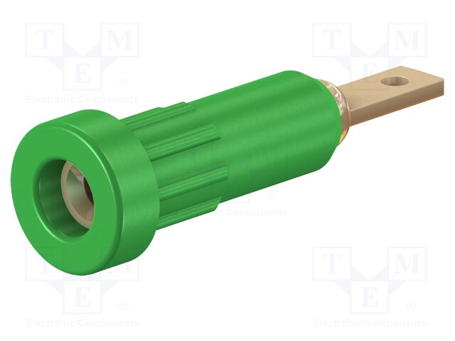 Socket; 2mm banana; 10A; 23mm; green; Mounting: soldered,on panel