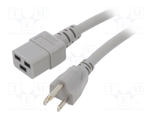 Cable; IEC C19 female,NEMA 5-15 (B) plug; PVC; 3m; grey; 3x14AWG
