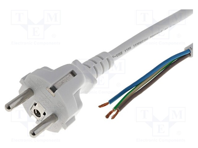 Cable; CEE 7/7 (E/F) plug,wires; 1.8m; white; PVC; 3x0,75mm2; 10A