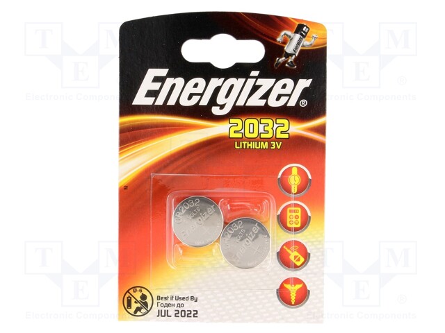 Battery: lithium; 3V; CR2032,coin; Batt.no: 2; Ø20x3.2mm; 240mAh
