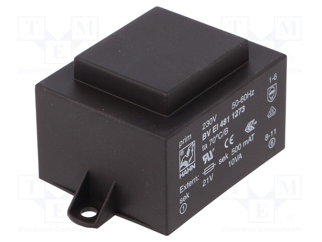Transformer: encapsulated; 10VA; 230VAC; 21V; 477mA; Mounting: PCB