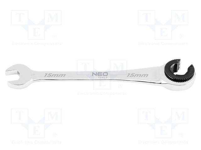 Wrench; combination spanner,with ratchet; 15mm; incised