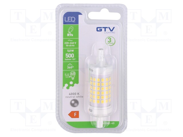 LED lamp; neutral white; R7S; 230VAC; 500lm; 5W; 360°; 4000K