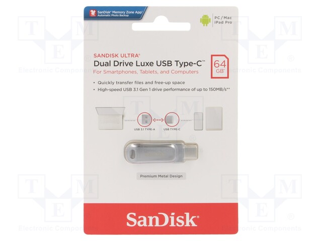 Pendrive; USB 3.1; 64GB; 150MB/s; USB A,USB C