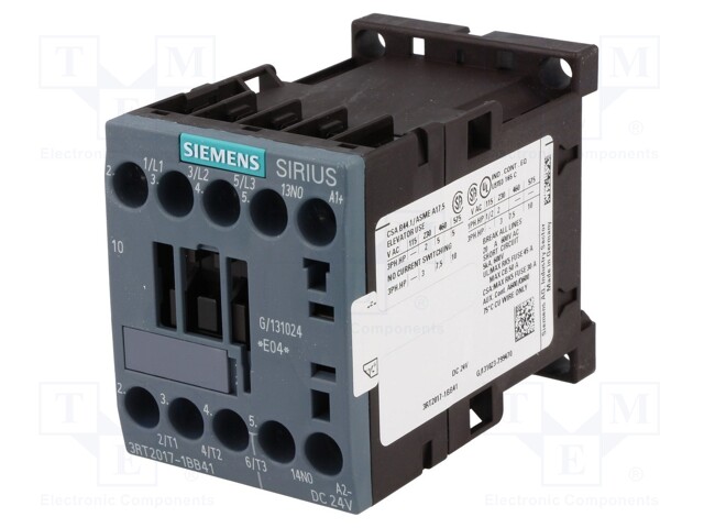 Contactor: 3-pole; NO x3; Auxiliary contacts: NO; 24VDC; 12A; 3RT20