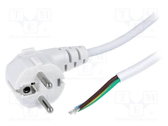 Cable; CEE 7/7 (E/F) plug angled,wires; 2m; white; PVC; 3x0,75mm2