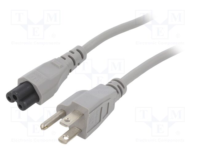 Cable; IEC C5 female,NEMA 5-15 (B) plug; PVC; 5m; grey; 3x18AWG