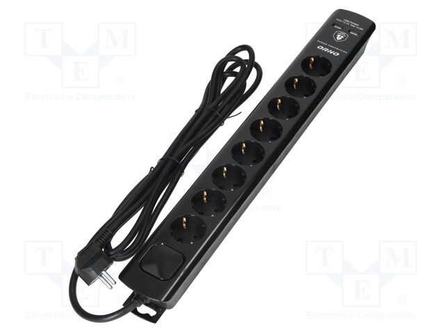 Plug socket strip: protective; Sockets: 8; 230VAC; 16A; black; 3m