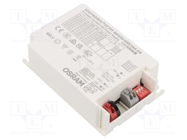 Power supply: switched-mode; LED; 60W; 27÷57VDC; 825mA÷1.4A; IP20