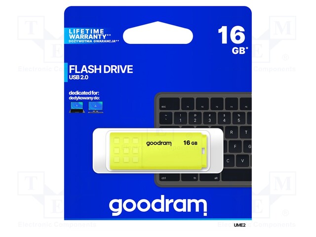 Pendrive; USB 2.0; 16GB; Read: 20MB/s; Write: 5MB/s; Colour: yellow