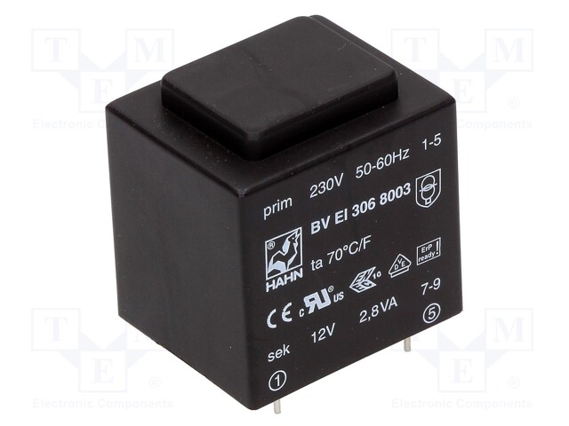 Transformer: encapsulated; 2.8VA; 230VAC; 12V; 233mA; Mounting: PCB